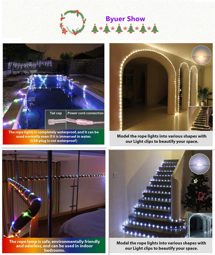 NEW 20/30M-300 LEDS Christmas Garland String Lights Outdoor 8 Modes  Rope Tube Fairy Garden Lights for Party Wedding Holiday Decor