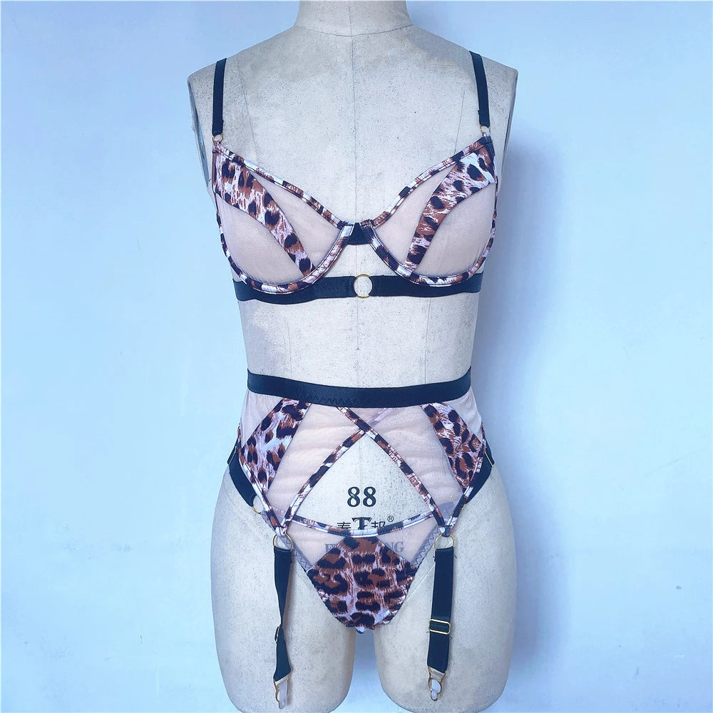 New Arrivals 3-Pieces Set  Leopard Lingerie Set Women Lace Patchwork Erotic Set Ladies Sexy Brief Underwear Set Supplies Female Sexy Lingerie Underwear Fashion Clothing Products