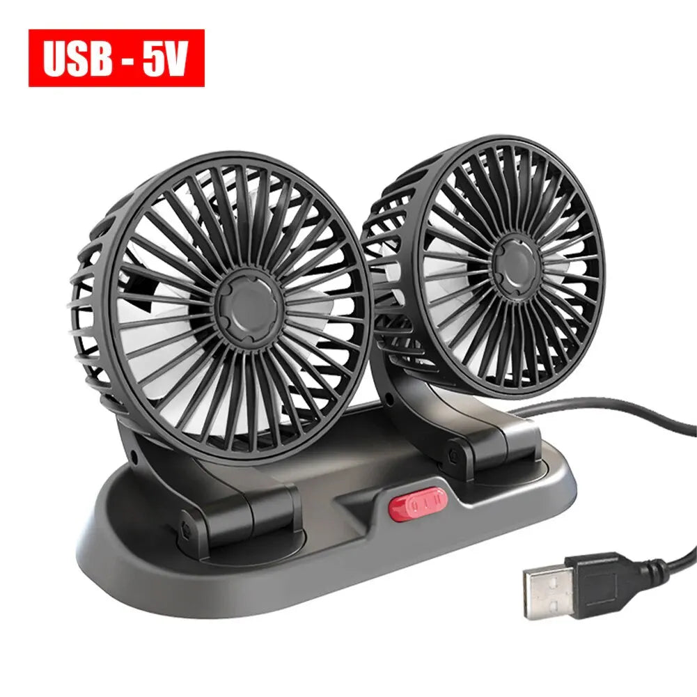 NEW Arrivals Car Cooling Fan 360° Adjustable Dual Head Cooling Air Fan Brushless Motor Low Noise Automobile Vehicle Fan Micro USB for Car Use Car Accessories