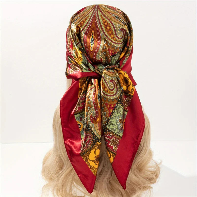 New 90x90cm 18 Colors Silk Shawl Satin Square Scarf For Women Paisley Neckerchief Female New Headband Hair Bands Print Foulard Hijab Wraps Bandana Women Apparel Accessories