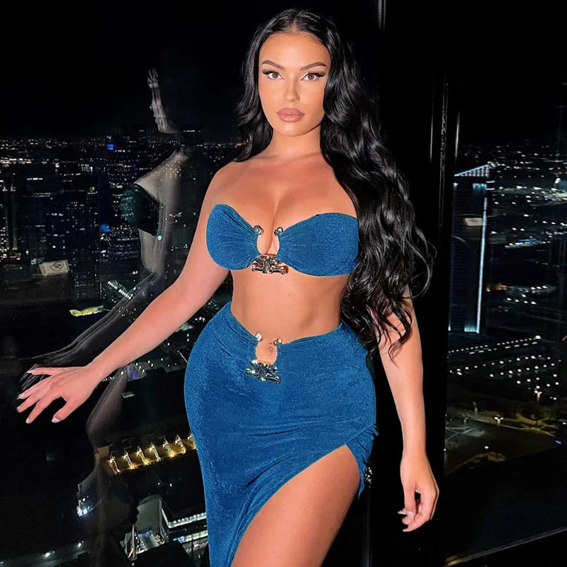 Low-Price Sales are Limited NEW 2PCS Set Velvet Sexy Strapless Crop Tube Top High Waist Slit Maxi Dress Fall Women Female Streetwear Evening Beach Party Night Club Outfit Sexy Dress Girls Ladies Luxury Fashion Clothing Suppli