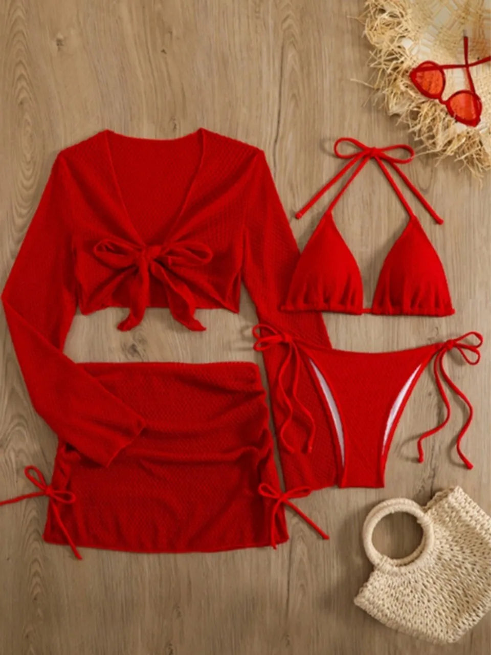 4 PCS Set White/Black/Coffee/Red Color Halter Bikinis Suit Mesh Cover Up Swimwear Female Long Sleeve Solid Swimsuit Women Bathing Swimming Suit Beachwear