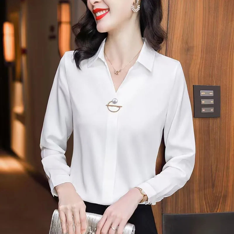NEW Arrivals S-2XL UK Size White/Dark Green Color Elegant Women Chiffon Blouse New Temperament Turndown Collar Office Lady Shirt Streetwear Casual Solid Color Tops Clothing
