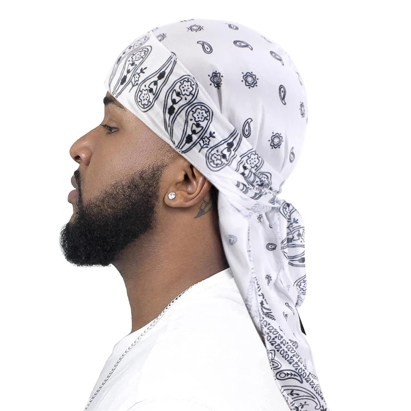 New Men Satin Paisley 8 Colors  Durag Turban Bandanas Headwear Silky Durag Doo Rag Long Tail Pirate Hat Wave Caps Hair Accessories