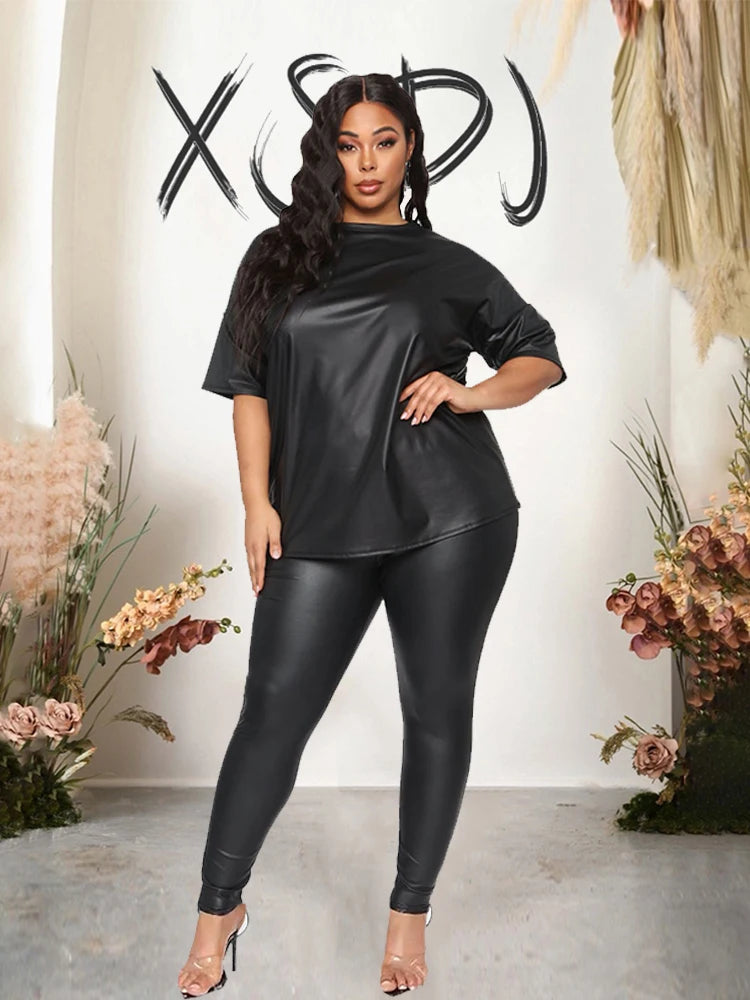 2 PCS Set XL-5XL Plus Size For Curvy Women and Big Girls Summer Clothes Leather Night Clubwear Outfit  Short Sleeve Blouse Top and Stretchy Leggings Ladies Suits in Black