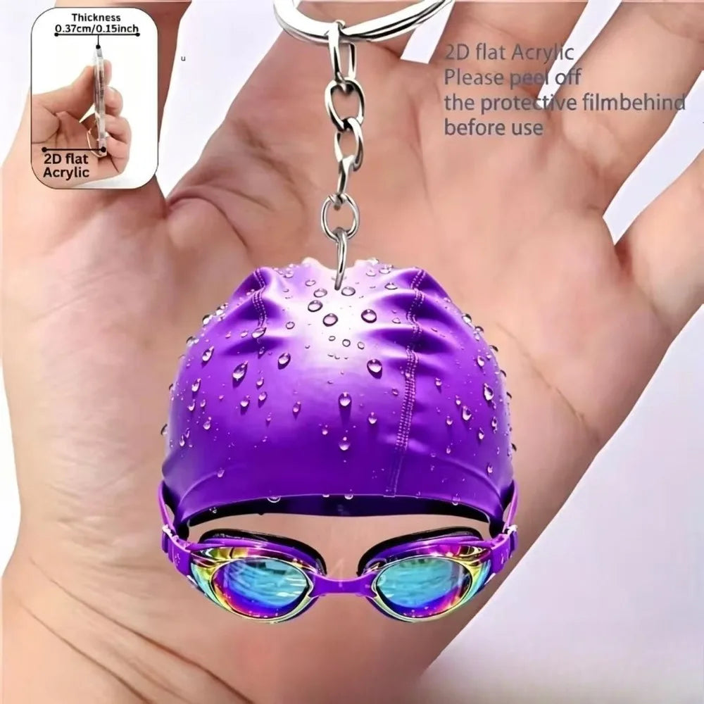 10 Colors High Aesthetic Simulation Swimming Goggles Swim Cap Design Keychain Acrylic 2D Flat Pendant Backpack Creative Gift for Women Man Sports Gifts