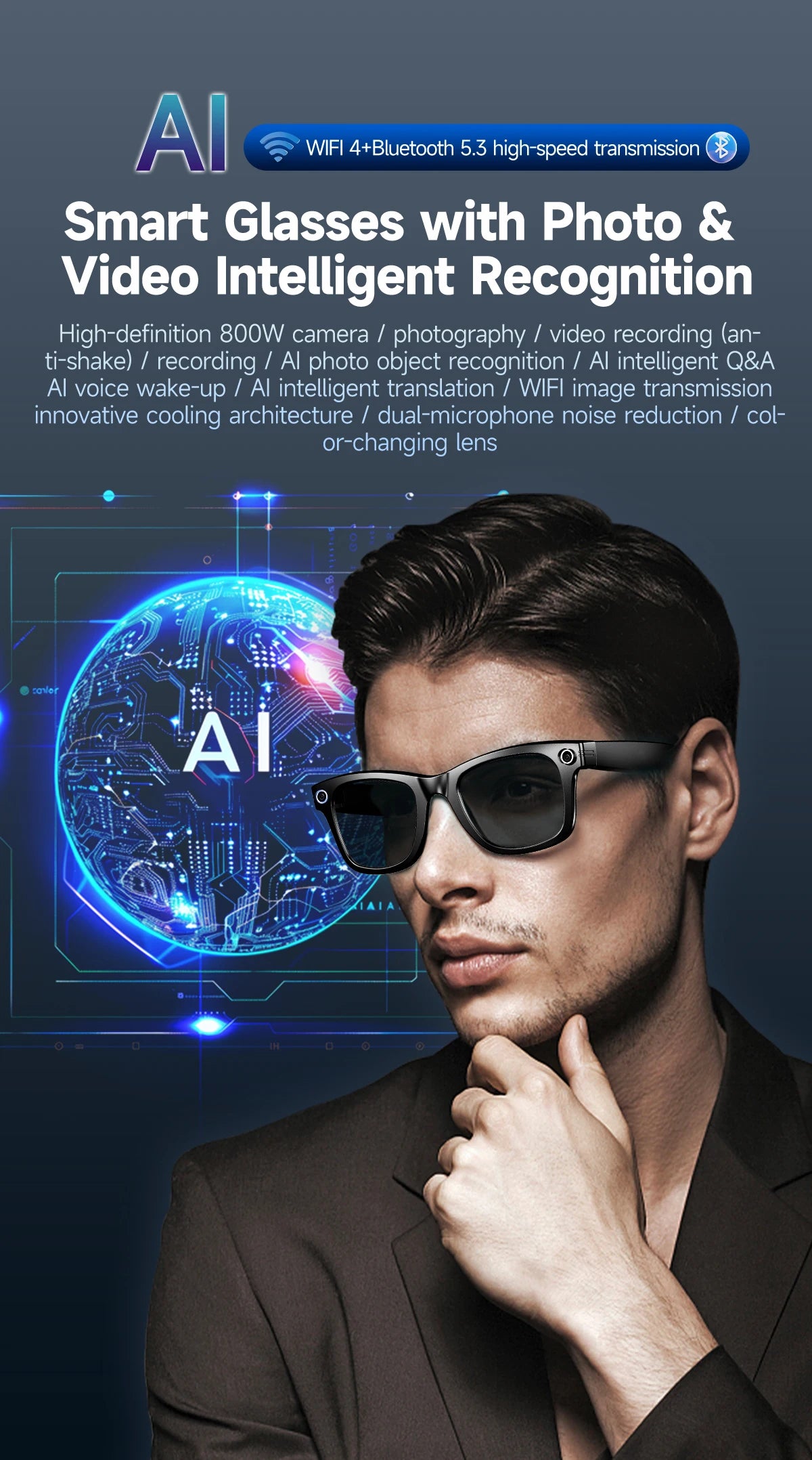 NEW AI Smart Glasses with 8MP Camera Video Recording 100+ Languages Translation Sunglasses Bluetooth Call Music Play Men Women Smart Sunglasses