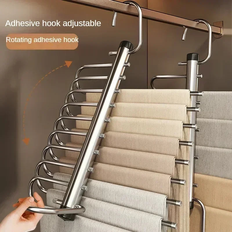 NEW Design 9 Bars Layers Folding Magic Pants Hangers Stainless Steel Space Saving Clothes Rack Organizer For Wardrobe Trousers Jeans Clothes Storage Organizer Closet Accessories