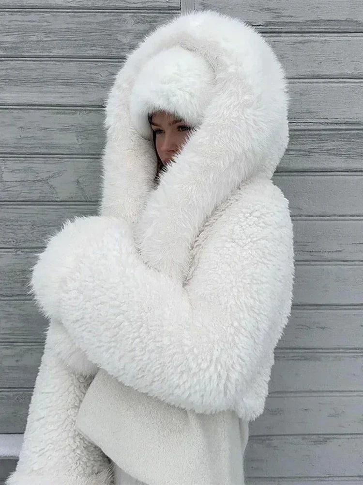 Black/White Color Winter Warm Fur Short Overcoat Women Solid Patchwork Full Sleeve Hooded Loose Thicken Coat Lady Daily Commute Winter Outwear