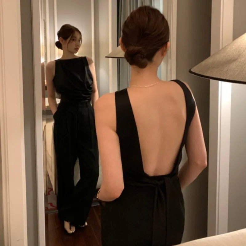 NEW Arrivals Beige/Black Feminino Sexy Backless Ropa Mujer Women Top New Sleeveless Clothes Round Neck Tanks & Camis Summer Elegant Tops Evening Beach Party Clothes
