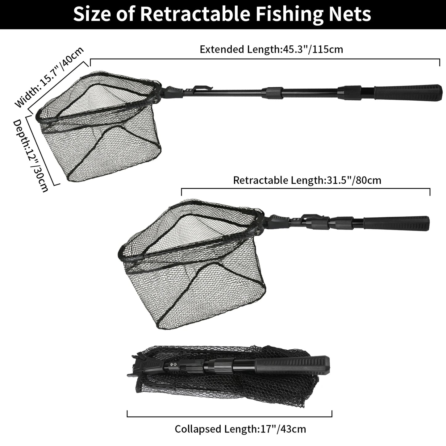 Fishing Landing Net Aluminum Alloy Durable Telescoping Extend to 190cm/130cm/55cm Folding Mesh Safe Fish Catching Releasing Fishing Accessory Sets