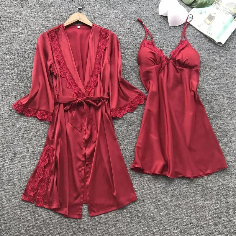 NEW 2PCS Set Female Lace Pajamas Set Satin Home Lace Robe Sleep Suit V-Neck Wedding Nightwear Silk Dress Women Sleepwear