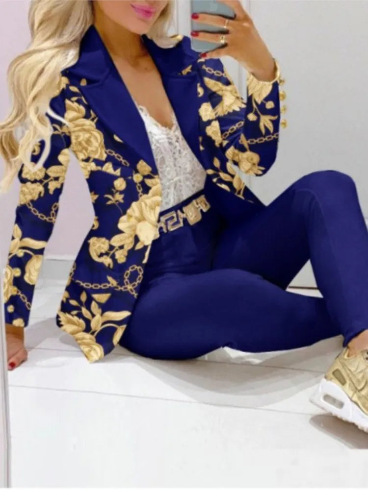 NEW Arrivals 2PCS Set 12 Patterns/Colors Autumn Winter Luxury Italian Suit Long Sleeve Blazer Women's Suit Fashion Color Matching Slim Elegant Female Office Lady Night Business Suit Ladies Luxury Fashion Clothing Supplies