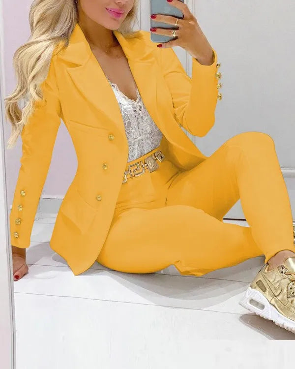 NEW Arrivals S-2XL-2PCS Set- 5 Colors Casual Solid Suit Coat Pants Set Office Lady Autumn Spring Elegant Long Sleeve Top Trousers Women Evening Night Club Party Business Dinner Outfit Girls Ladies Luxury Fashion Clothing Supp