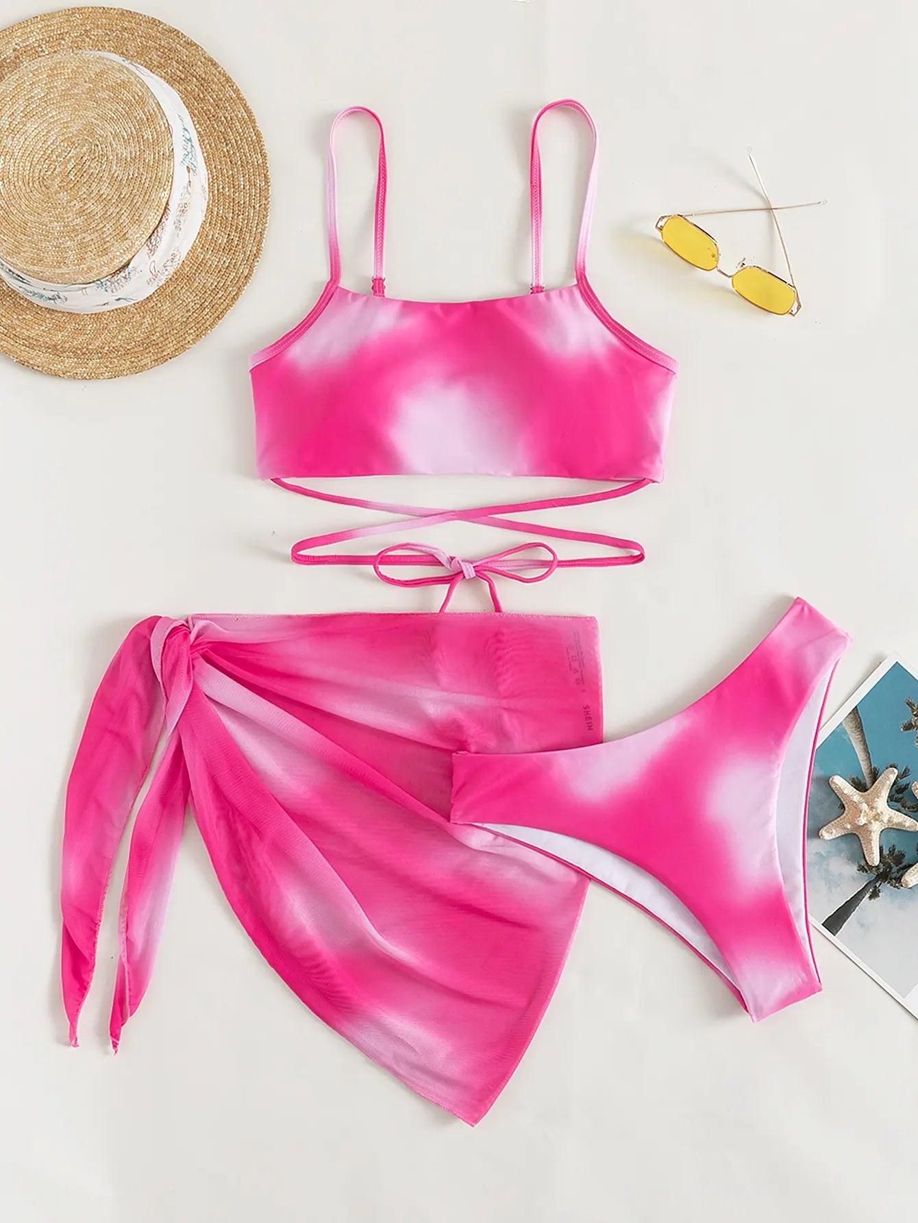 NEW Arrivals 3PCS Set S-XL Size 6 Colors Ombre Lace Up Bikini Swimsuit & Beach Skirt Sexy Swimwear Women Bathing Swimming Swim Suit Female Summer Beachwear Suit