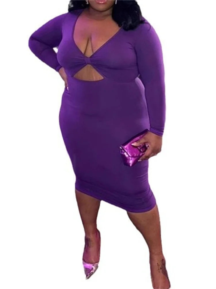 NEW Arrivals XL(18)-5XL(26-28) UK Plus Size Sexy Spring Summer Purple Dress Chubby Women Bodycon Stretch V-Neck Hollow Out Elegant Long Sleeve Summer Evening Party Maxi Dress