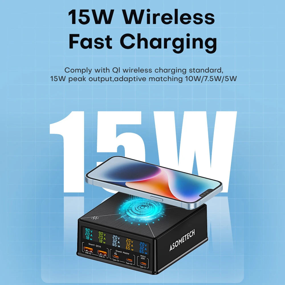 160W 5 Port USB Charger Staion with 15W Wireless Charging Fast Charger USB-C PD 65W Quick Charger for IPhone14 13 Samsung Laptop