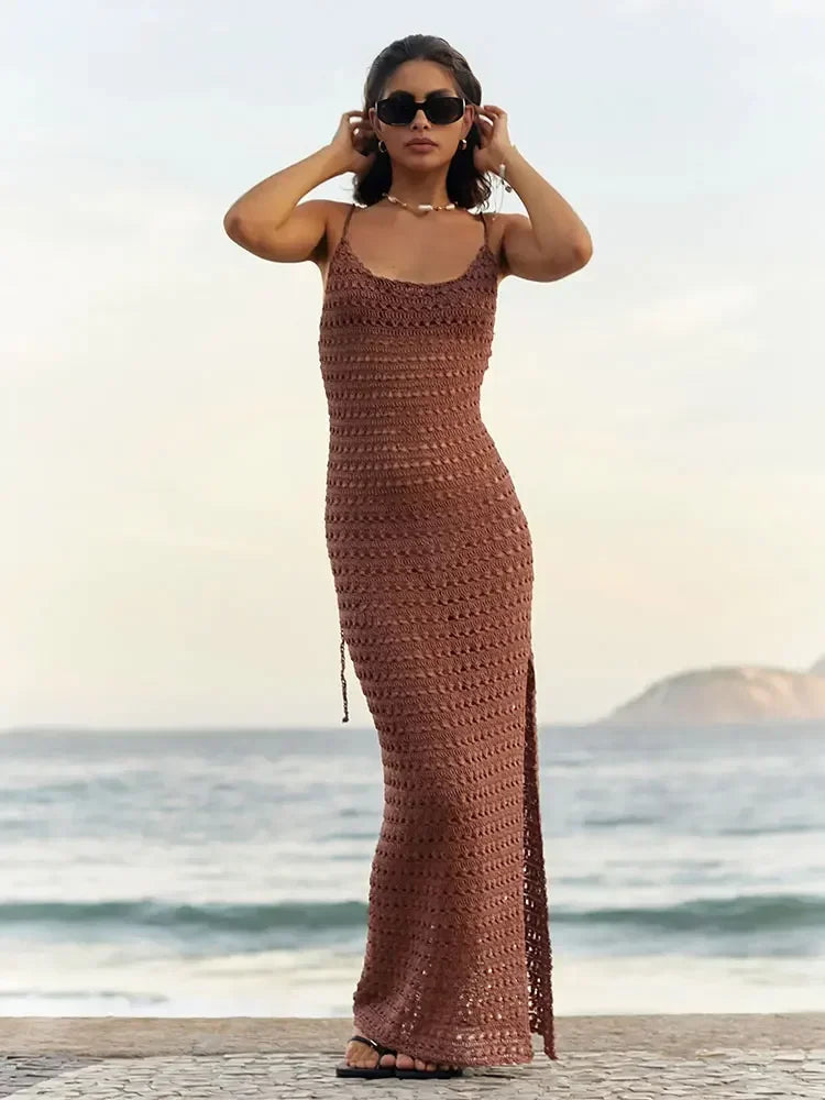 NEW Arrivals UK Size 6 Colors Sexy Knit Cut Out Tassel Spaghetti Strap Bodycon Evening Beach Party Maxi Dress Summer Women's Holiday Club Party Outfit Swimsuit Cover Up K10
