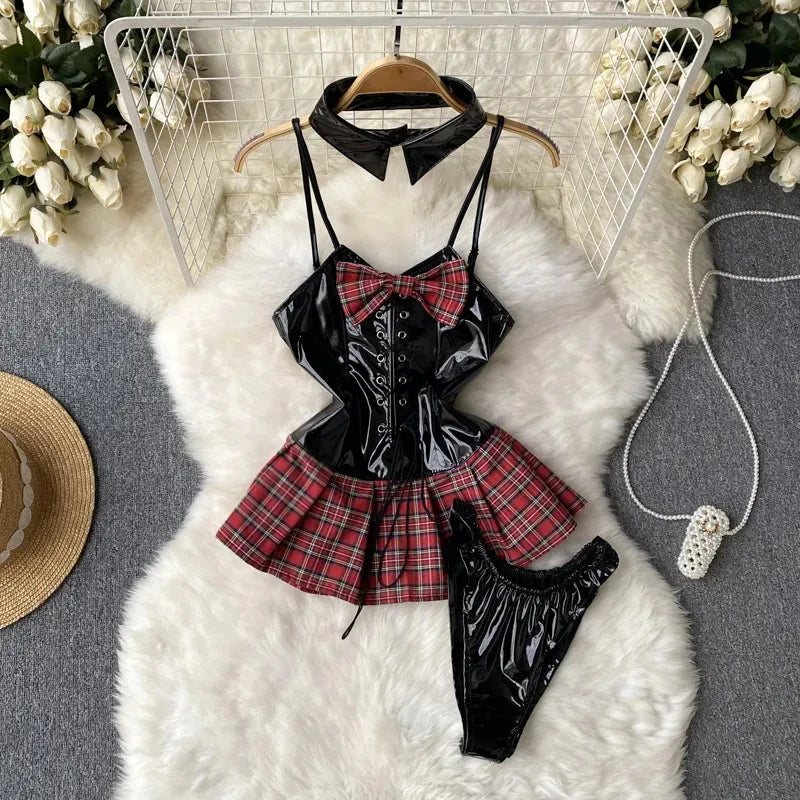 Women Preppy Style Sexy Uniform Sets 2024 V Neck Sheer Top+Lace Up Mini Skirt+Thongs Hollow Out Cosplay Porn Suits
