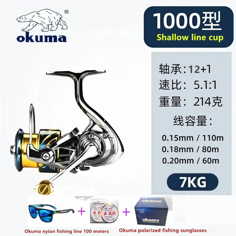 Original Japanese Okuma Brand New Arrival Saltwater Professional Fishing High Speed Reel Spinning 1000-500 9+1BB 5.1:1 Max Drag 10-20KG Water-Proof Reels Lake River Sea Boat Fishing Supplies