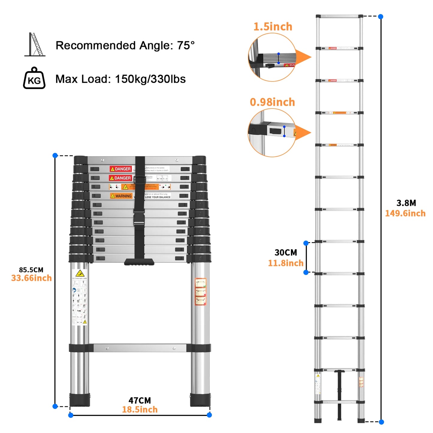 Telescopic Ladder Stainless Steel, Load 150kg, Convenient Extendable ,For Pulling Walls, Changing Light Bulbs, Repairing Roofs, RV Home Work Heavy Duty Accessories