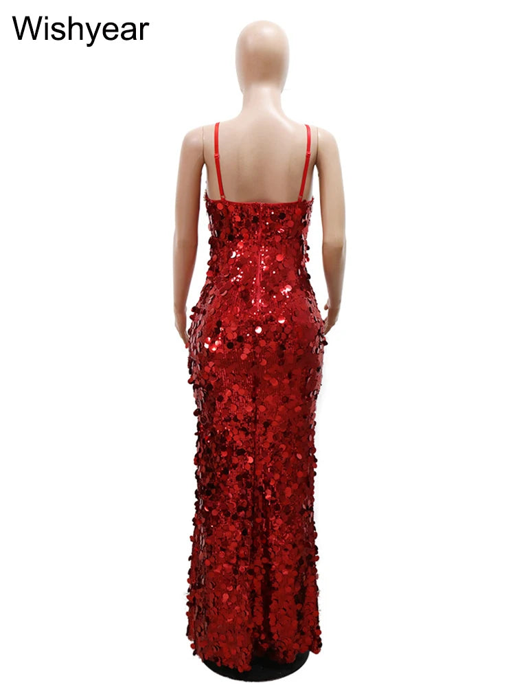 Low-Price Sales are Limited Red/Silvery S-2XL New Luxury Celebrity Sleeveless Spaghetti Straps Sequin Patchwork Mermaid Dress Women Wedding Birthday Evening Party Sexy Gown Ladies Luxury Fashion Apparel Supplies