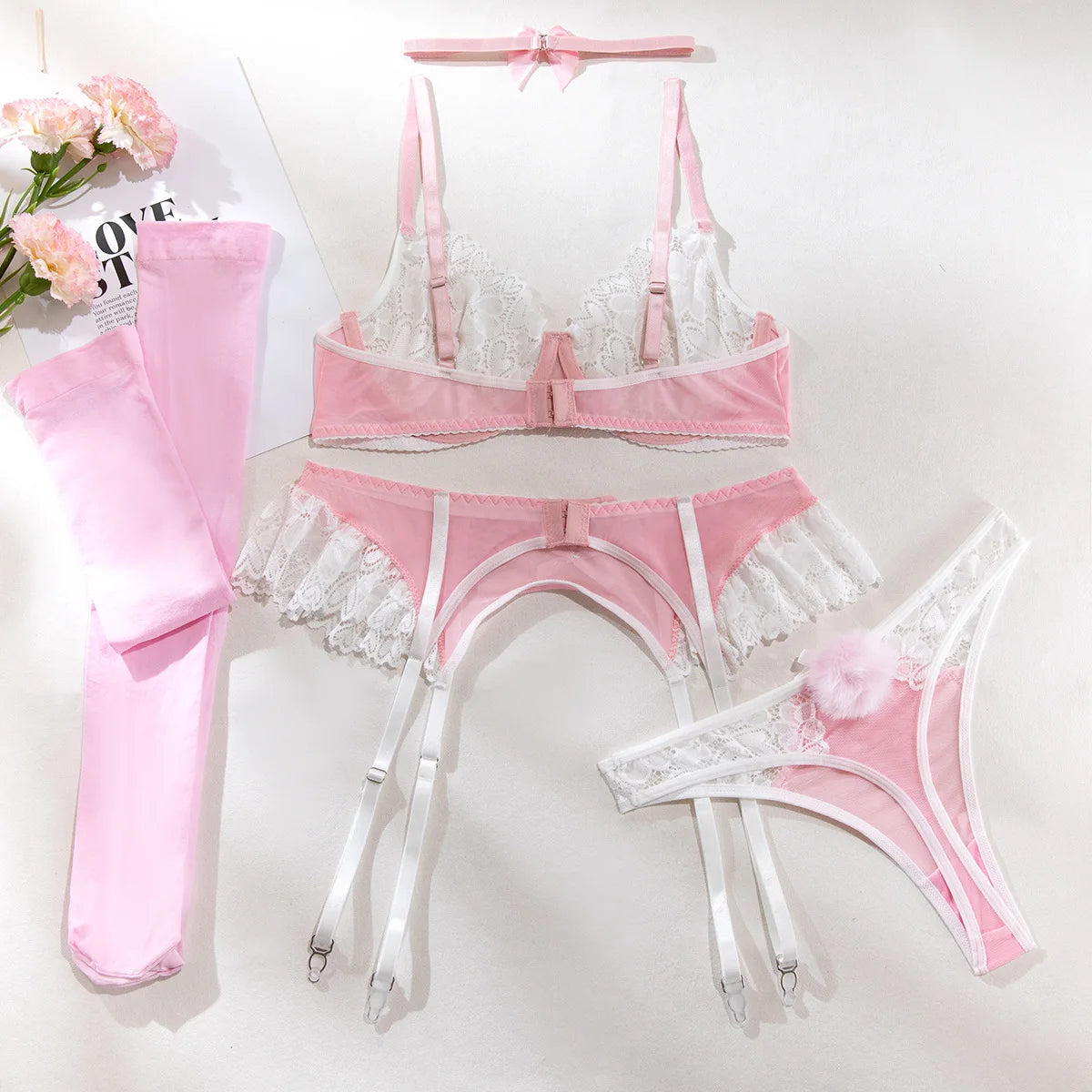 Sexy Hot Selling Lace Mesh Lingerie Set Women's Sweet Splicing Perspective Nurse Outfit 4PCS See Though Set Exotic Apparel Products Suit Underwear Lingerie Fashion Clothing Products