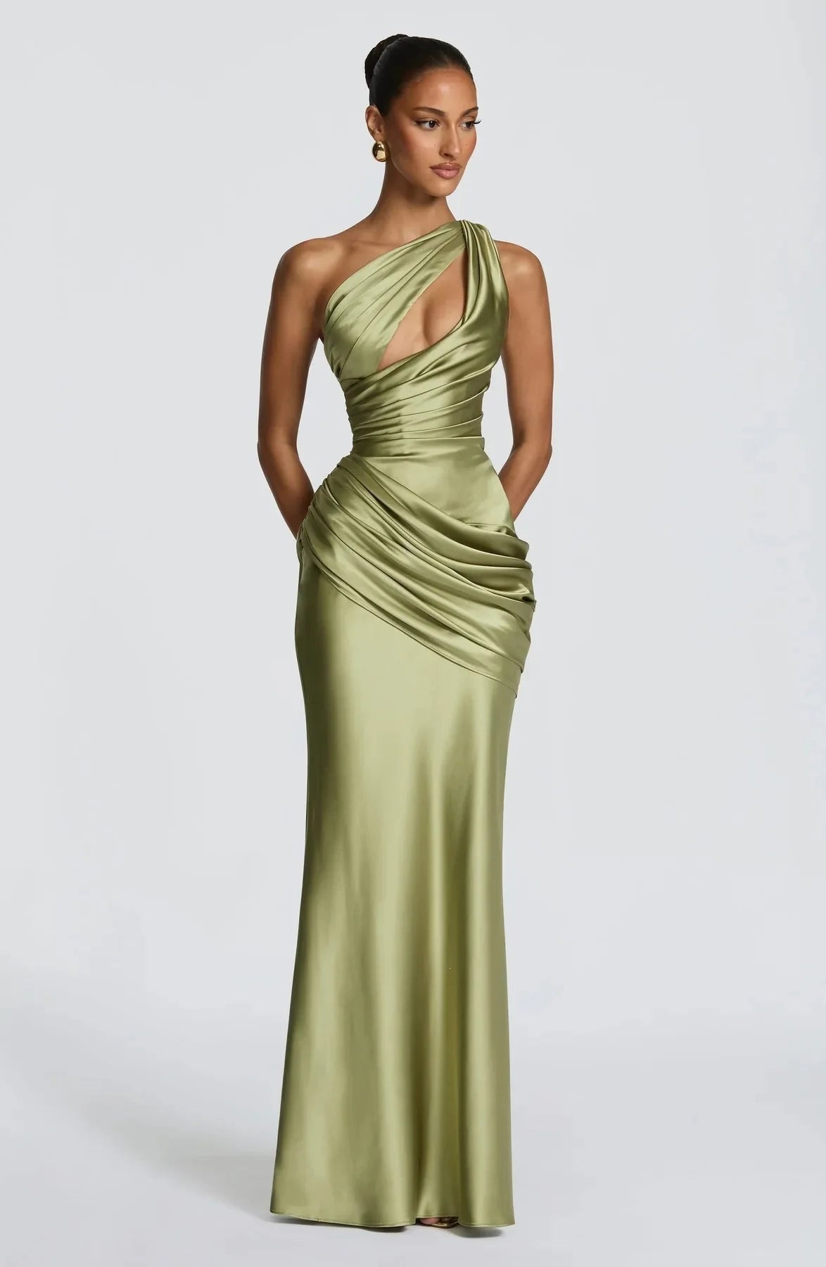 NEW Arrivals 4 Colors Spring/Summer Women Sexy Luxury Green Ruched Elegant Satin Maxi Dress Mermaid One-Shoulder Cutout Slim Fit Flows Lady Evening Party Wedding Guest Business Dinner Outfits