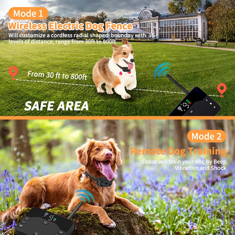 2 IN 1 Wireless Dog Electric Fence & Electric Shocker Training Collar Remote With Adjustable Beep Vibration Shock  Rechargeable