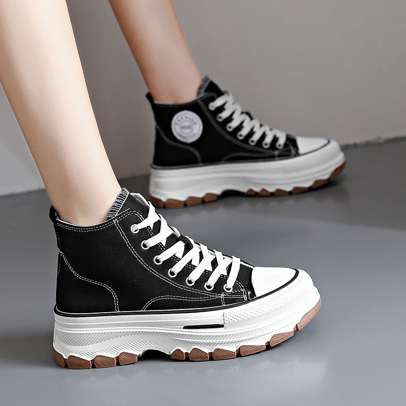 Women High Top Sneakers Lace-Up Casual Platform Height Canvas Non-slip Wear Resistant  Spring Female Vulcanize Shoes