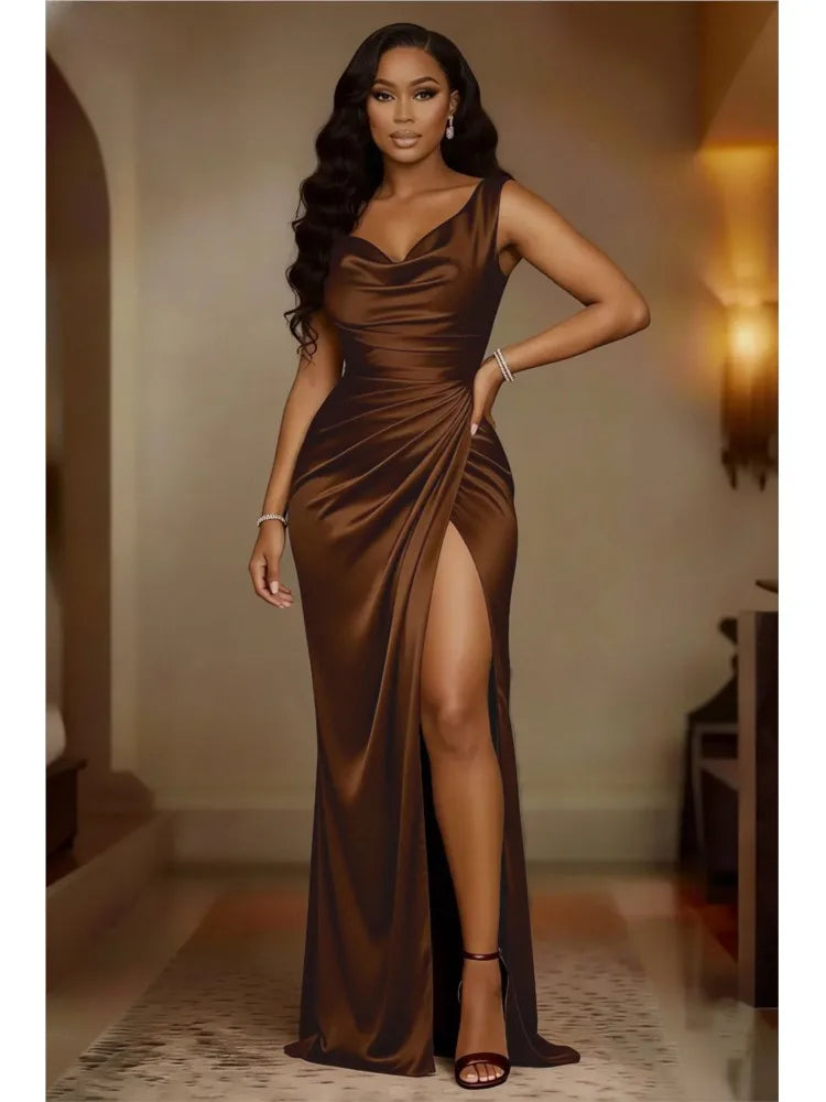 S-3XL Plus Size 6 Colors Elegant Women Sleeveless Solid Color Long Dress Fashion Draped Slim Fit Party Dress Sexy Off Shoulder Hight Split Evening Dress