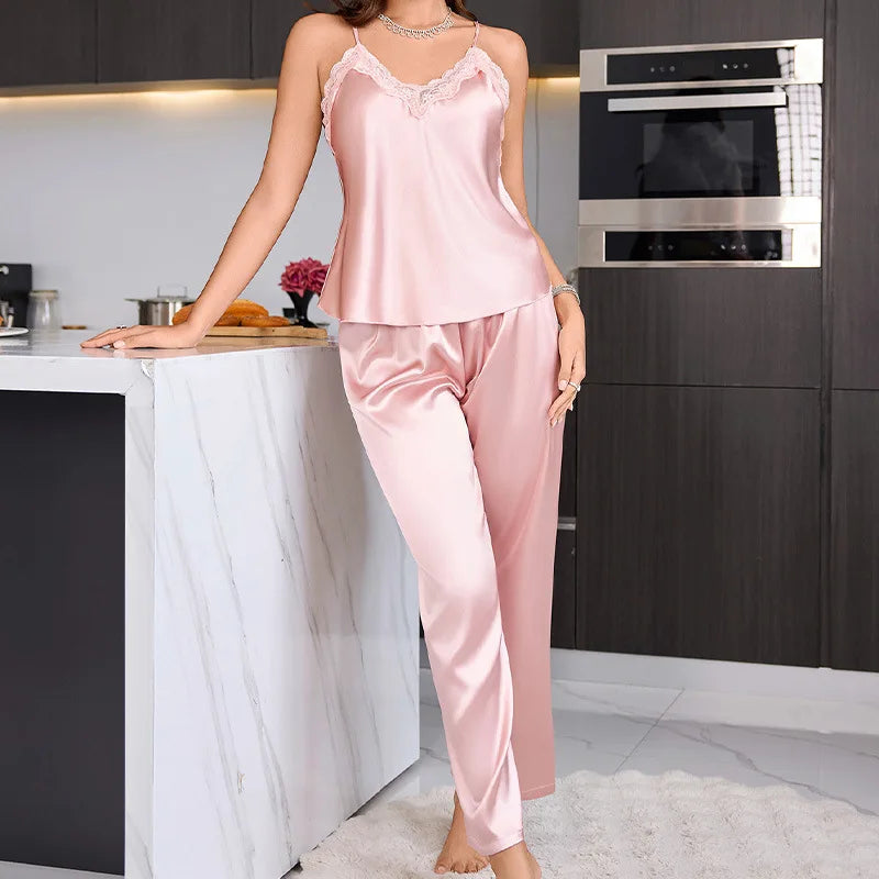 NEW 3PCS Set S-XL 6 Colors Ice Silk Luxury Spring Autumn New Female Honeymoon Pajamas Sleepwear Sexy Lace Long Bath Robe Kimono Gown Home Wear Loose Satin Loungewear