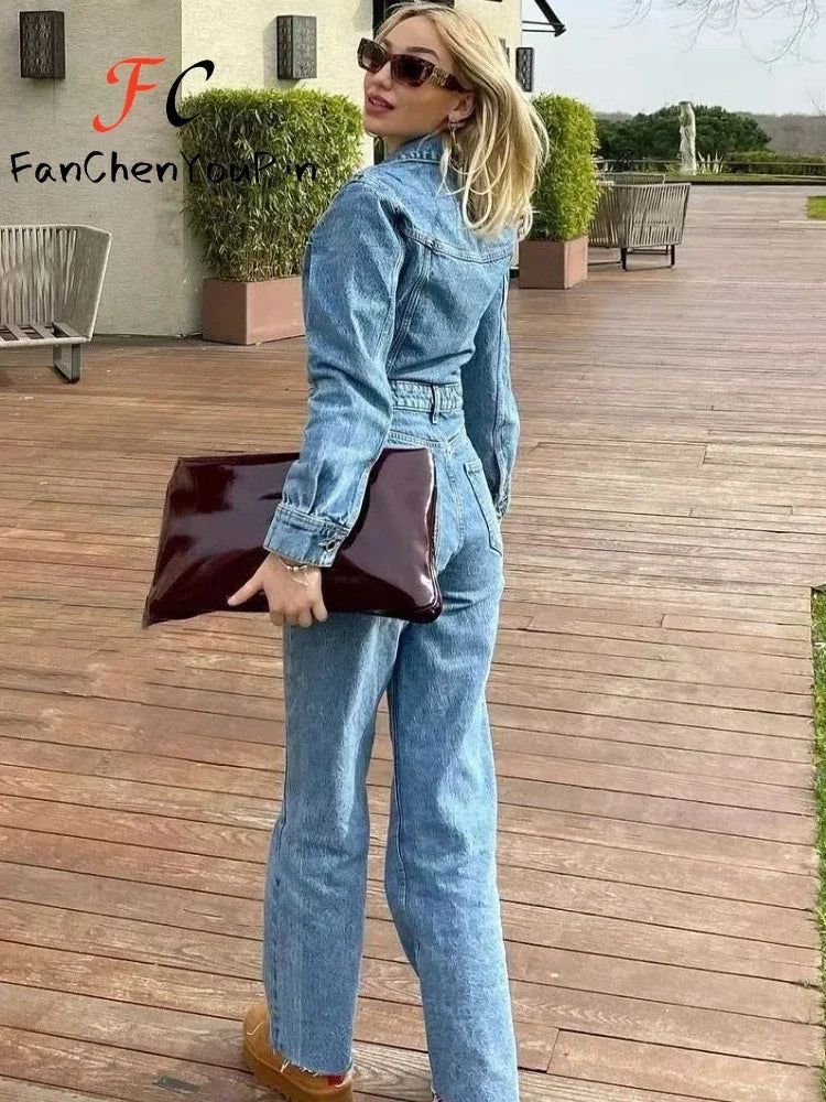Spring New Women's Pants Suit Fashion Vintage Casual Temperament Long Sleeve Straight Leg Exquisite Denim Jumpsuit Female