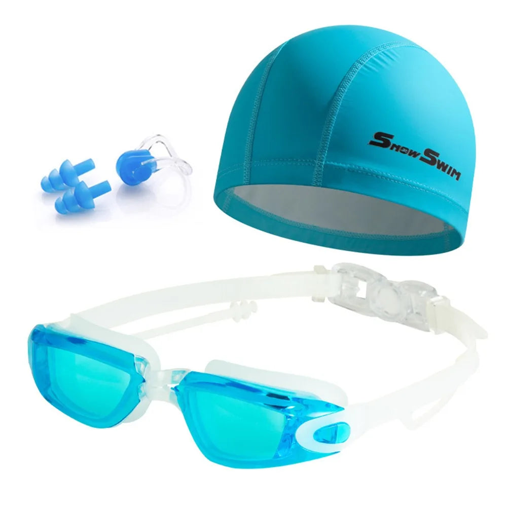 NEW 4 PCS Set Anti-Fog Adult Myopia/ Transparent/ Electroplated Professional Swimming Goggles Set with Nose Clip, and Ear Plugs Adjustable Silicone Swim Cap Waterproof Ultralight