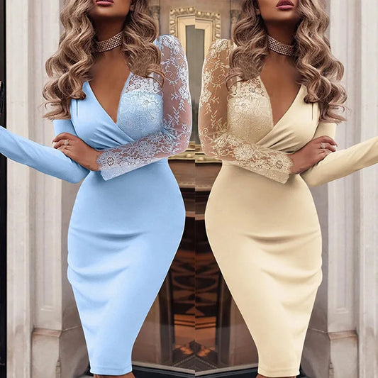 NEW Arrivals UK XL Size Sexy Deep V-Neck Bodycon Midi Dress Women Autumn Spring Long Sleeve Lace Elegant Office Lady Pencil Dresses Evening Party Business Dinner Ladies Gown