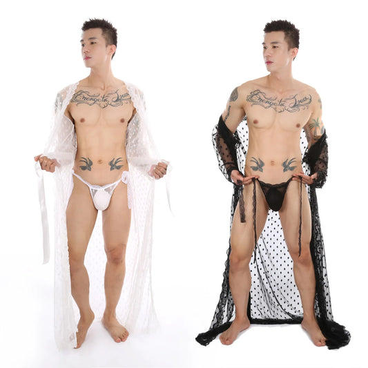Men's Lace Bathrobe + Thong  Sex Clothing Pole Dance Gay Sissy Fetish Open Crotch Underwear See Through Mesh Bodysuit