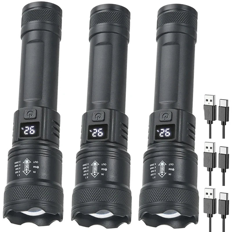 3 PCS Set 500m Lighting Distance Rechargeable LED Flashlight 10000LM Zoomable Torch Waterproof 5 Modes with LCD Display  Charging for Camping Hiking Night Walking Emergency Tools