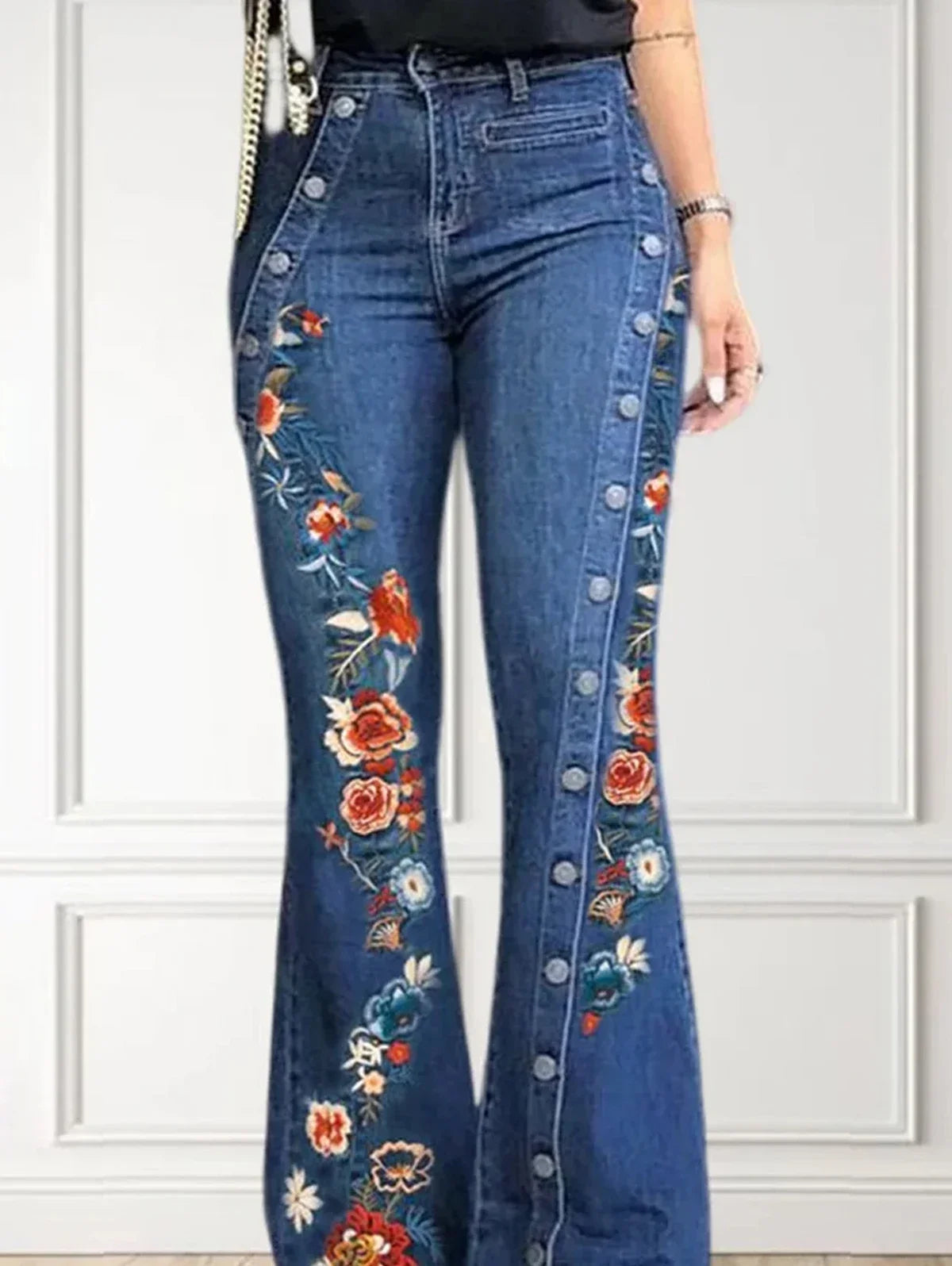 Women Flare Pant High Waist Slim Denim Casual Chic Vintage Skinny Trousers Y2K Fashion Floral Embroidery Button Flare Leg Jeans