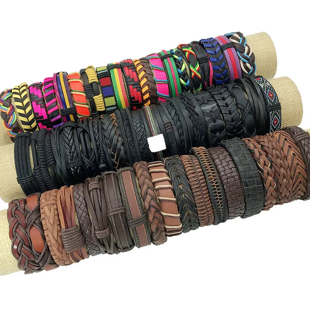 50 Pcs/lot Punk Vintage Cuff Wide Leather Men Bracelets For Women Bangles Handmade Retro Weave Mix Party Jewelry Gift