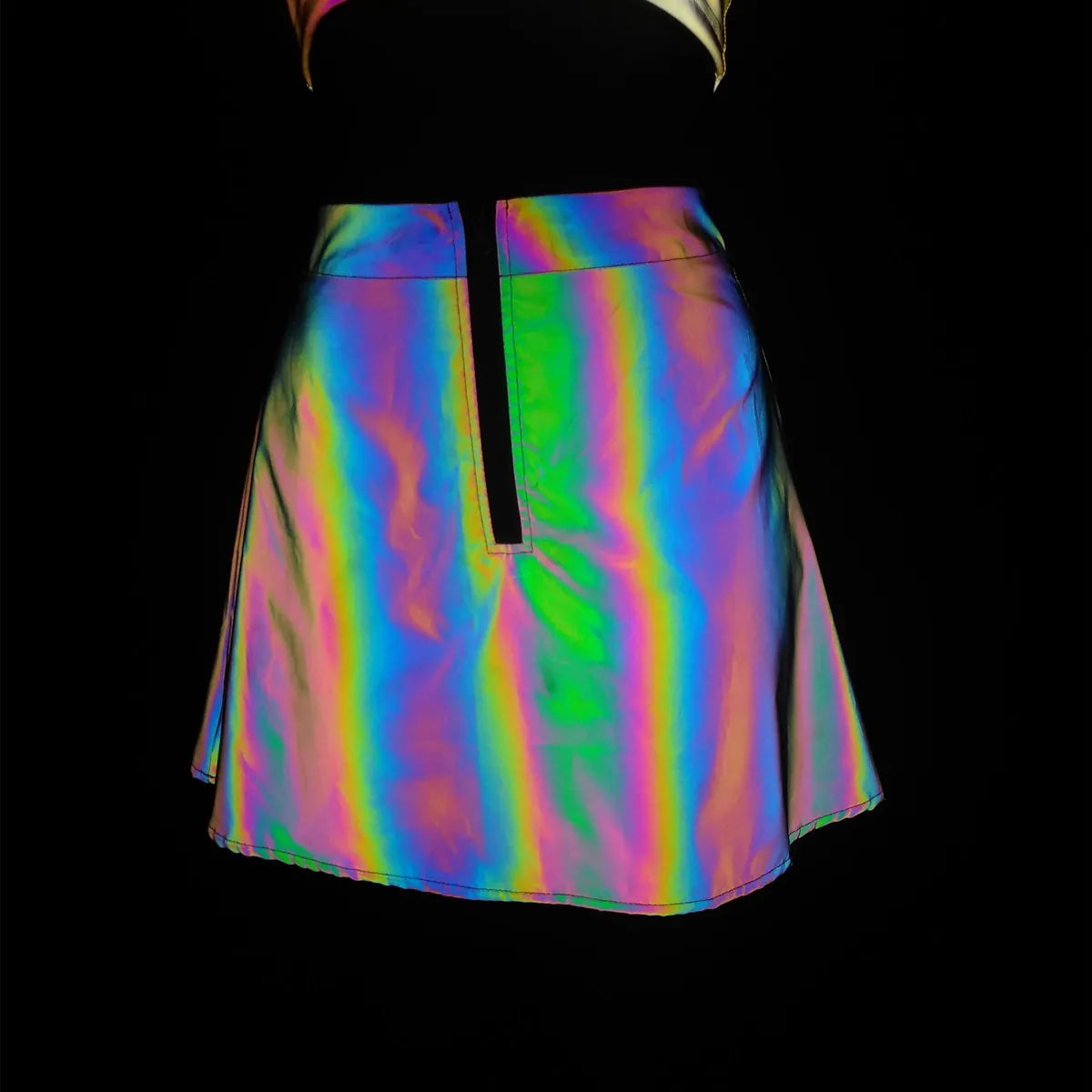 High Waist A-Line Skirts+Bra Women Colorful Reflective 2 Piece Set Night Club Rave Party Reflect Light Mini Clothing Fashion Supplies