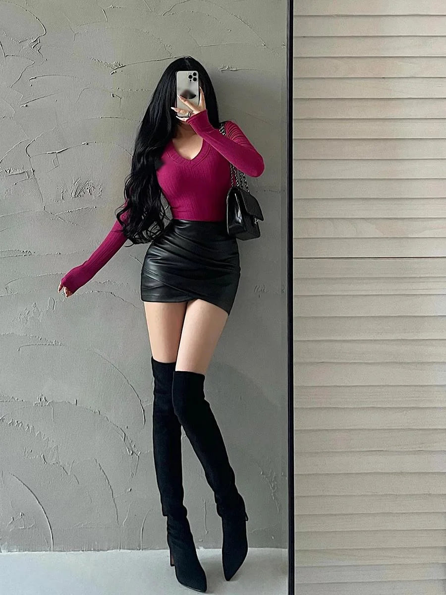 NEW Arrivals Black/Brown Hot Spicy Girl Sexy High Waist Slim A-LINE Wrinkle Wrapped Hip PU Leather Skirt Short Mini Ruffle Skirt Sweet Women MEGA Girls Sexy Fashion Apparel Supplies