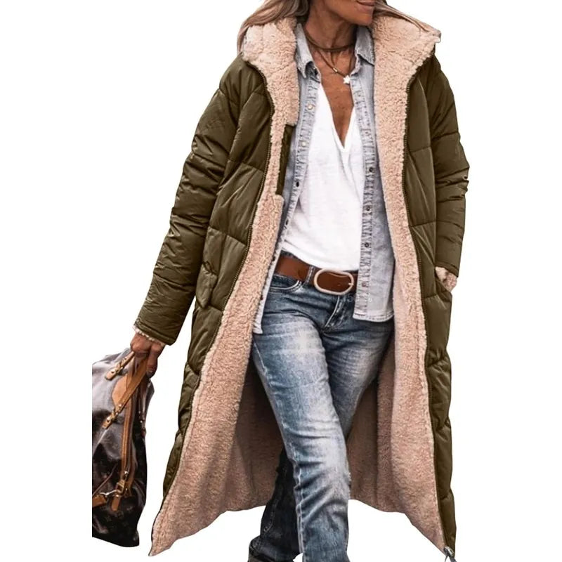 Women's Warm Winter Coats Reversible Sherpa Fleece Long Hooded Puffer Jackets Outerwear