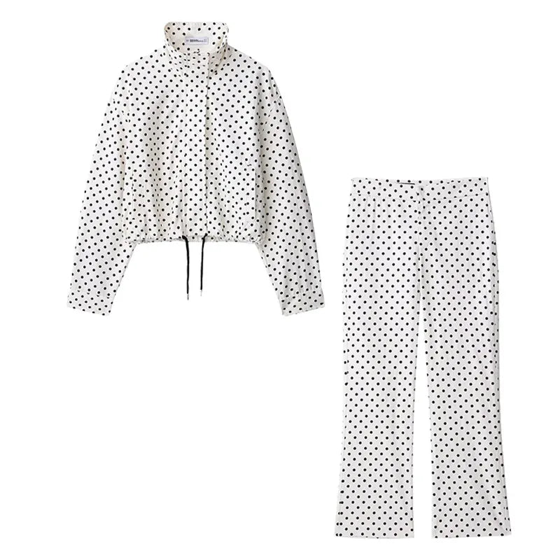 3 PCS Suit UK Size Woman Autumn Long Sleeves Turtleneck Zipper With Pockets Drawstring Casual Coats Women Fashion Polka Dot Jacket