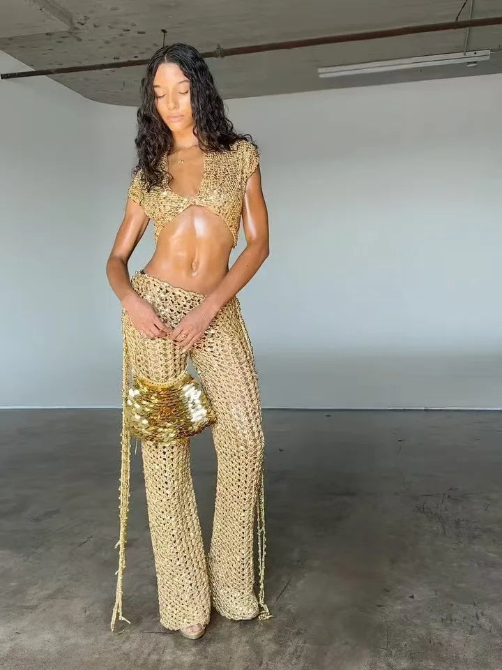 2 PCS Set S-XL UK Size Sexy Hollow-Out Sequin Woman Solid Deep V-Neck Crop Top and Tassel Pants Female Evening Beach Party Night Clubwear Prom Luxury Suit