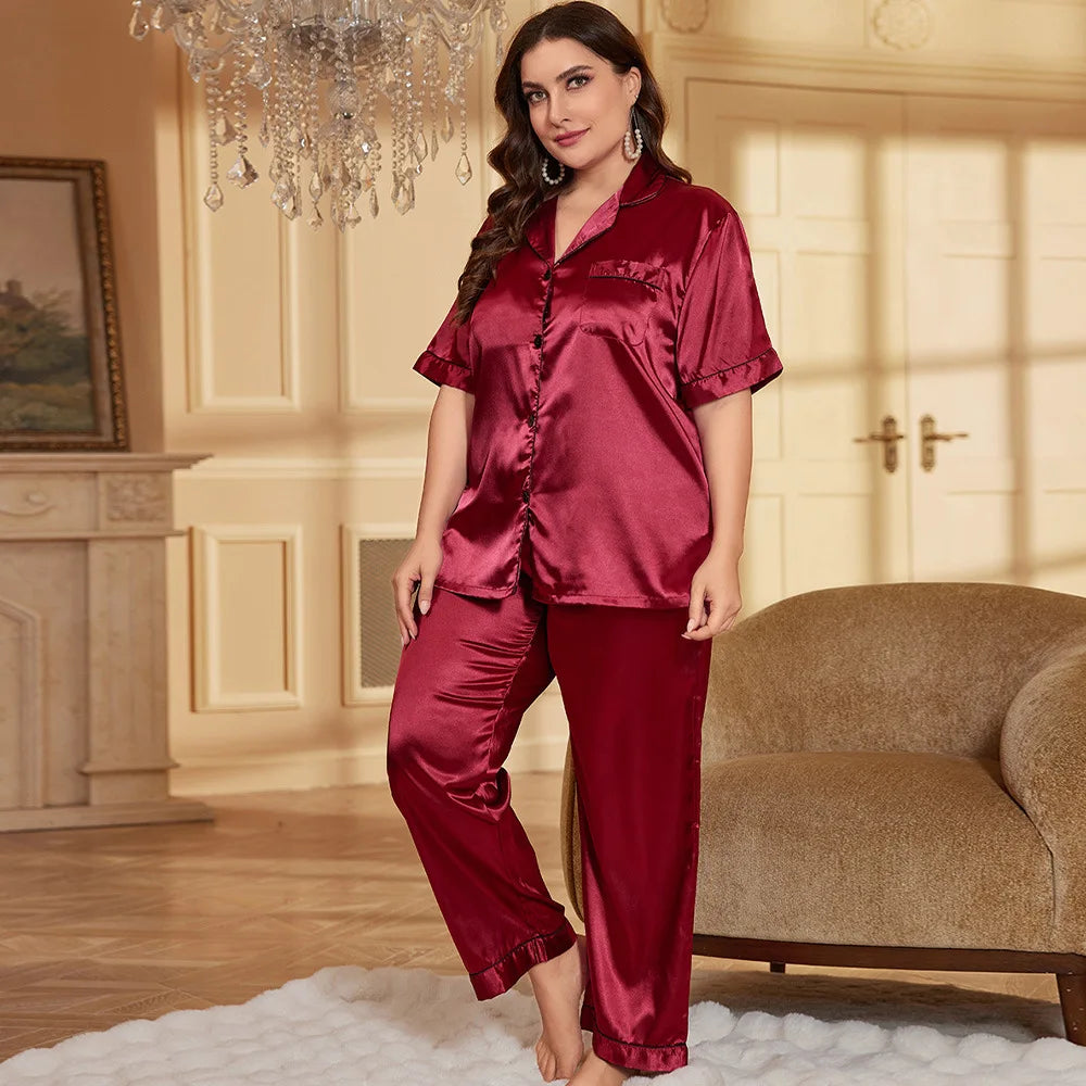 NEW Arrivals 2PCS Set XL-5XL Plus Size 12 Colors Shirt-Pants Female Long/Short Sleeve Pajamas Set Spring Summer Silk Satin Sleepwear Trouser Pajamas Suit Loose Curvy Ladies Girls Luxury Home Wear Fashion Apparel Supplies