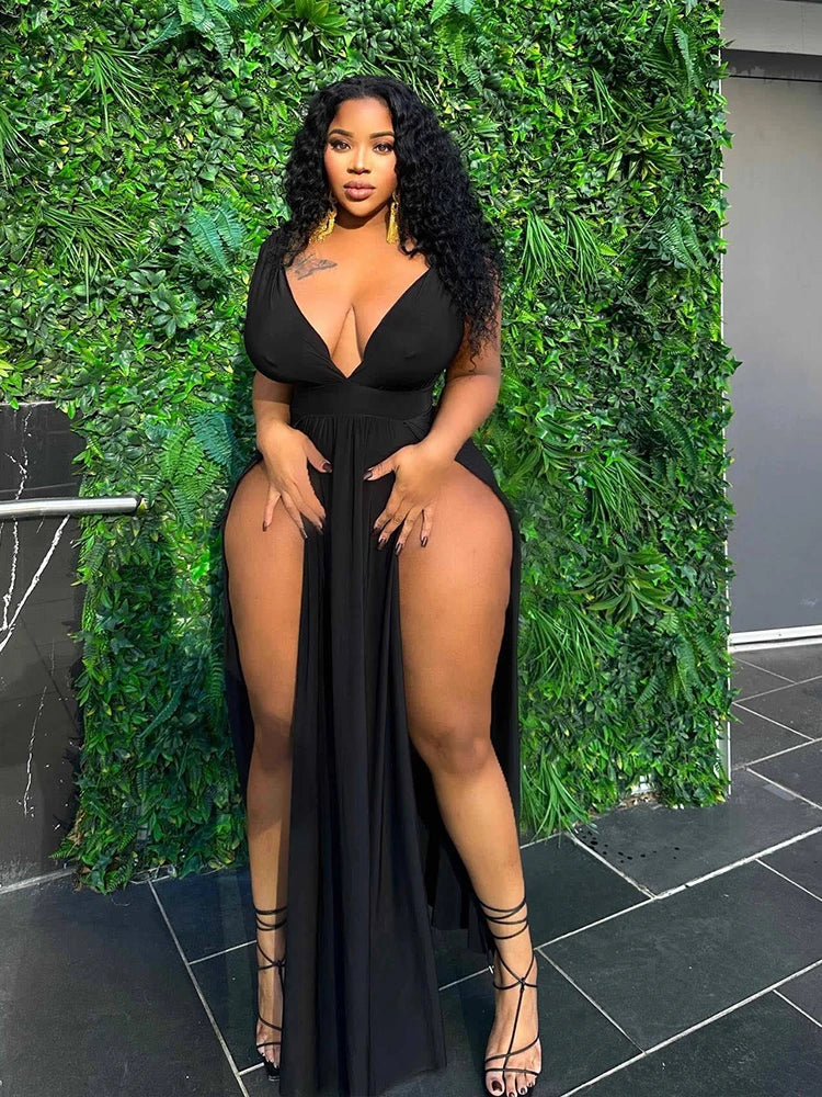 For Curvy Ladies L-5XL Plus Size Long Elegant Evening Dress Party High Slit Sexy and Daring Dresses Women Tight Black Dress