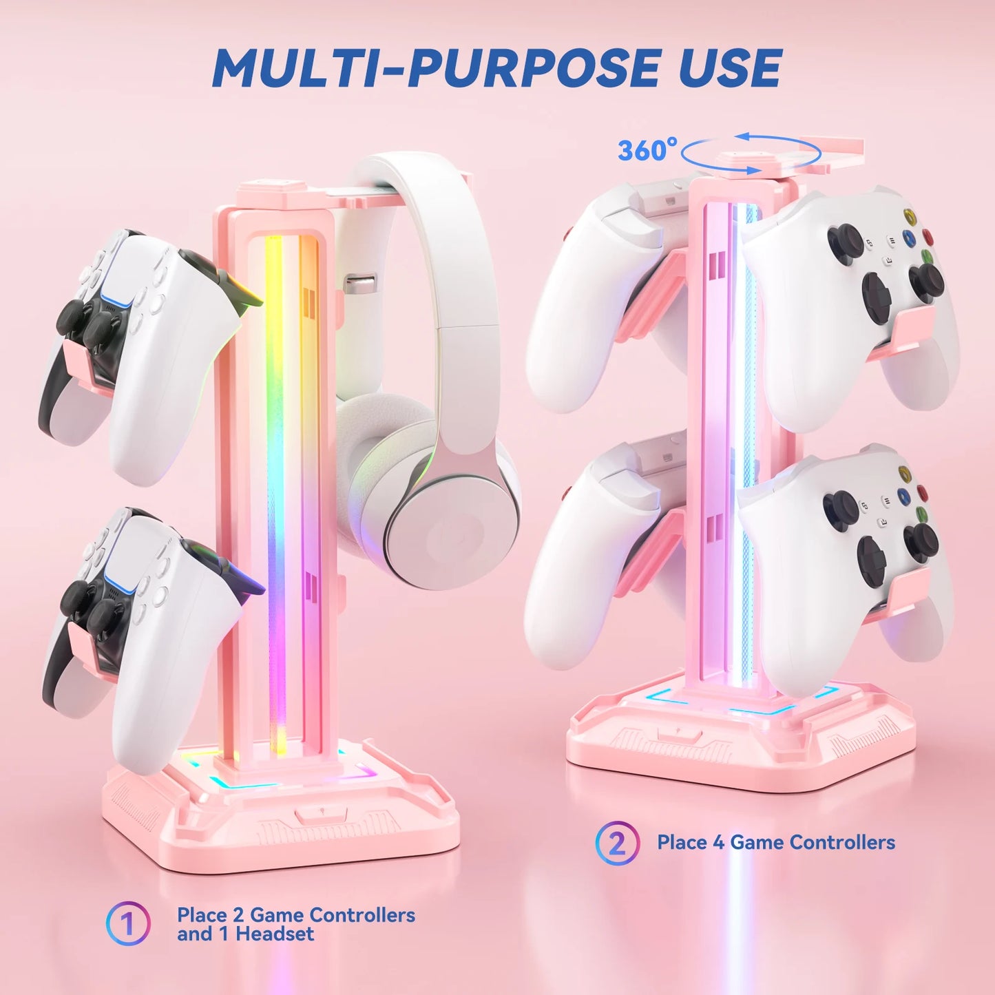 RGB Controller Stand with 9 Light Modes Headset Holder for Desk Rotatable Headphone Stand Detachable Controller Hook