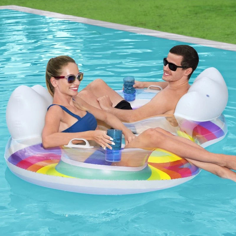 NEW Arrivals Swimming Pool Floats with Cup Holder Air Inflatable Rest Sofa Summer Beach Floating Lounger Sleeping Bed Two Persons Chairs Seat Summer Beach Accessories Swimming Supplies