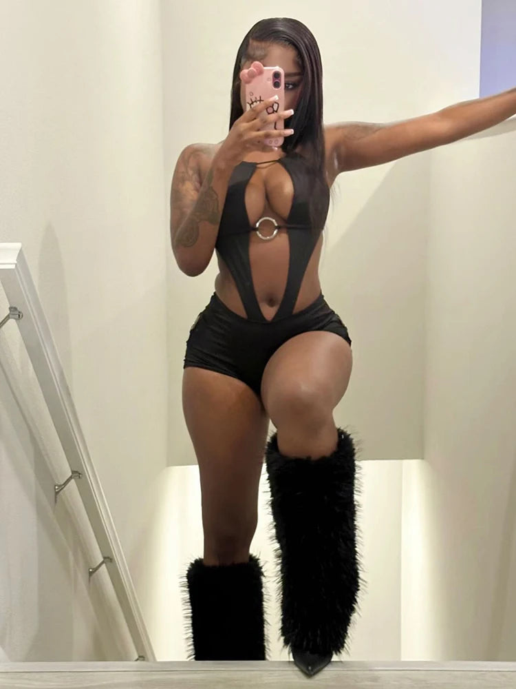 Sexy Hot Girl  Lace-Up Halter Playsuits Woman Sexy Hollow Design Metal Rings Patchwork Backless Skinny Peach Hip Hot Girls Wild Rompers Night Clubwear Evening Beach Party Clothes