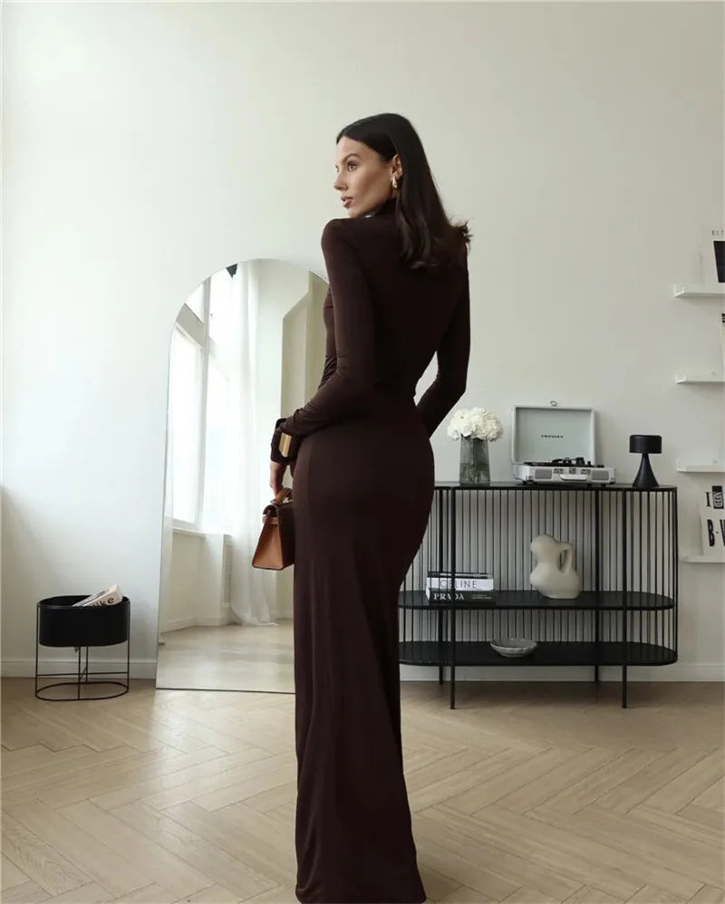 NEW Arrivals UK Size Brown/Black Color Turtleneck Thigh High Split Sexy Maxi Dress For Women Fashion Long Sleeve Draped Bandage Bodycon  Evening Party Night Club Long Dress